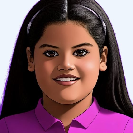 A smiling drawing of Raashi with long dark hair, a headband and a pink shirt